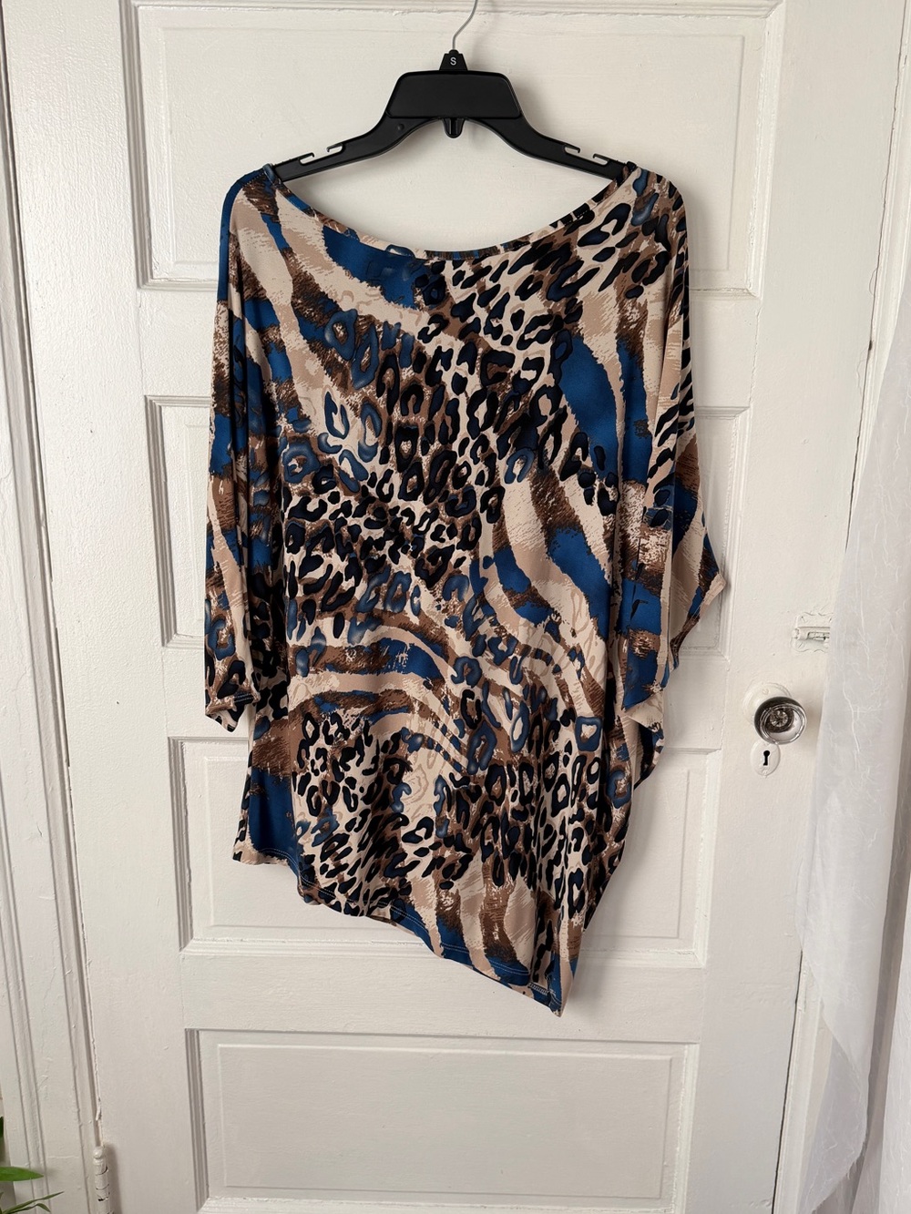 Clara Sun Woo Asymmetrical Animal Print Tunic Top Boat Neck Drapey Relaxed Artsy